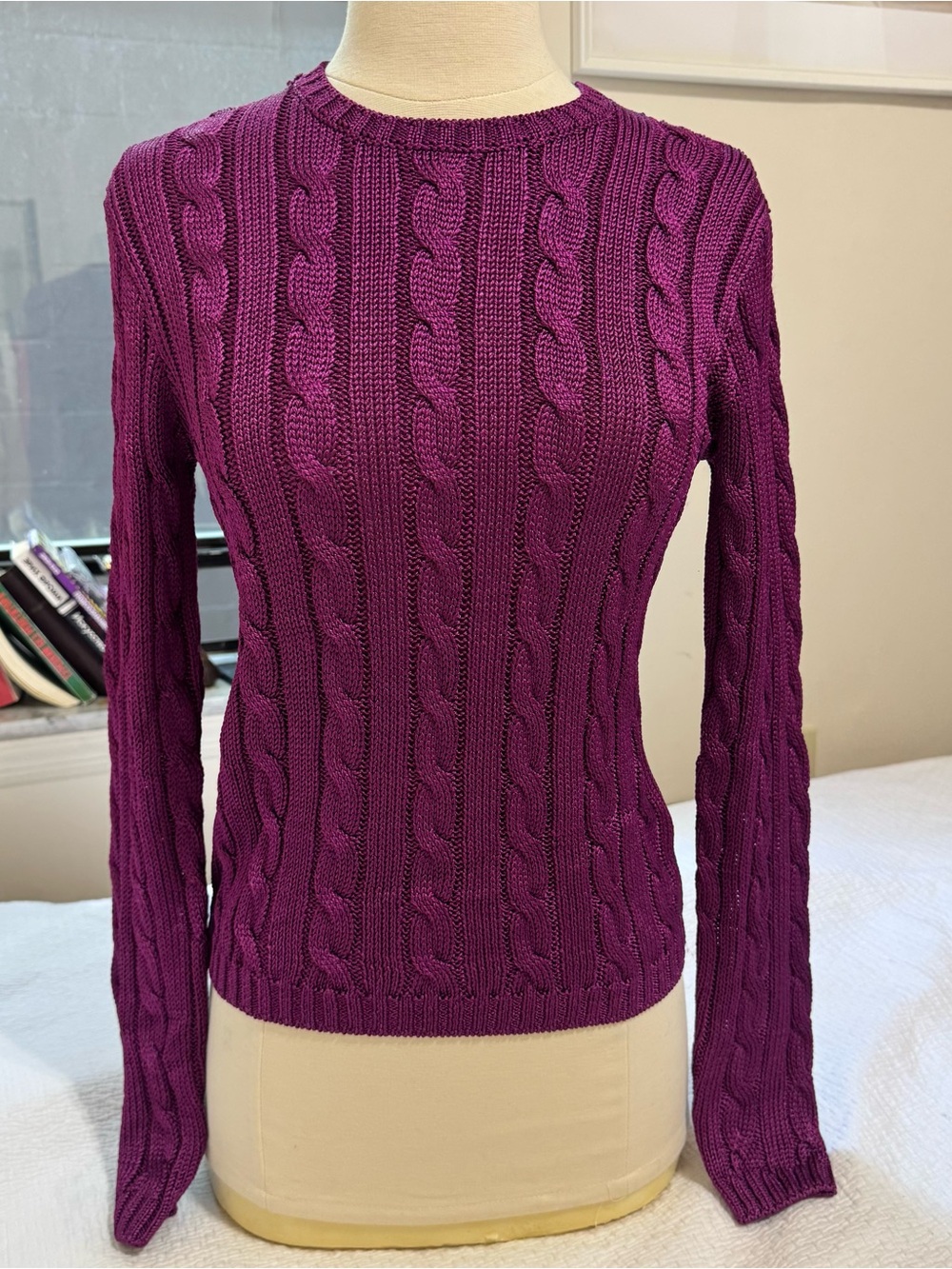 Ralph Lauren Cable-Knit Crewneck Sweater in Plum, size S, silk, new